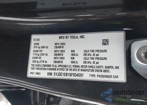 2025 Tesla Model 3 Long Range All-Wheel Drive из США, поврежденный, VIN 5YJ3E1EB1SF934591